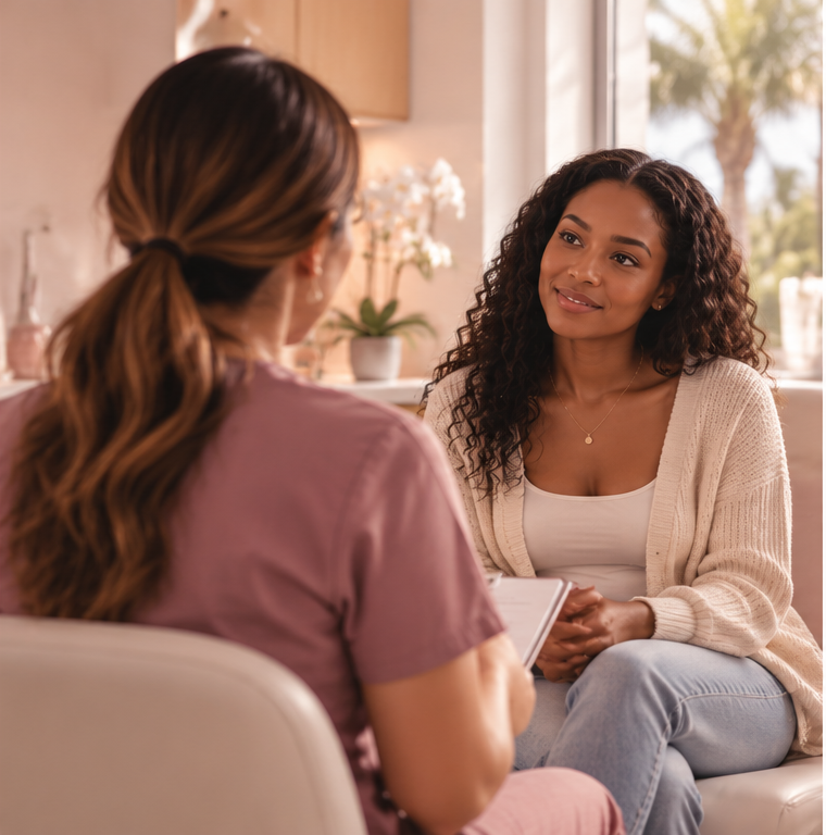 A patient talking with a nurse during a gynecology consultation